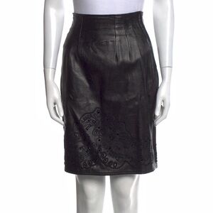EREZ‎ 100% Genuine Leather Black Pencil Cut Embroidered Mini Skirt  XS / S
